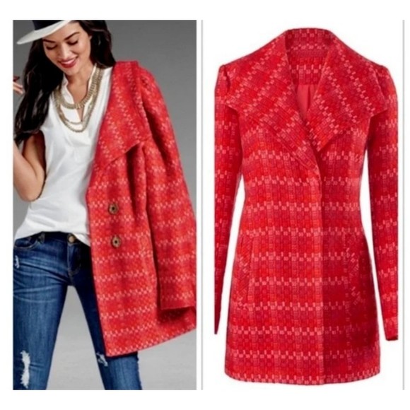 CAbi Jackets & Blazers - Cabi Womens Sloan Tweed Pea Coat Red Medium Snap Front Long Sleeve Lined